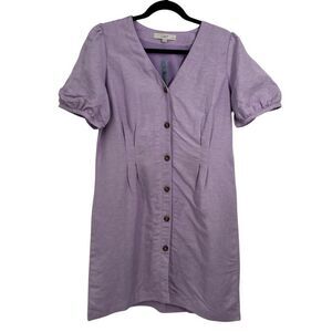 LOFT Orchid Flash Linen Button Front V-Neck Puff Sleeve Dress Size 12 Petite NWT